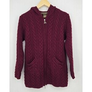 Vintage 100% Merino wool pink hooded Aran‎ cardigan, made in Ireland, womens S